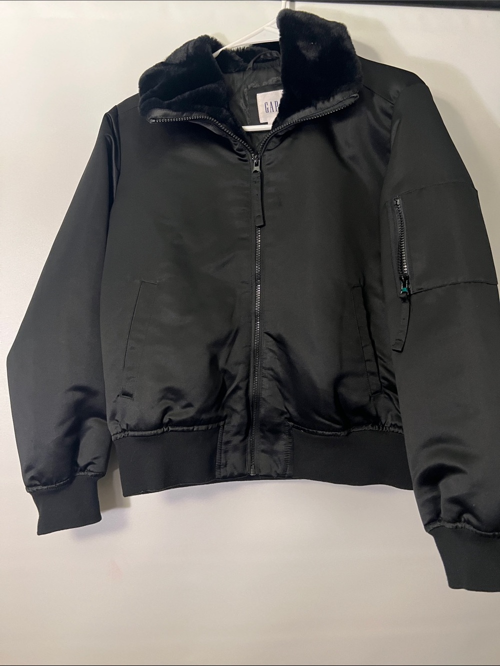 GAP Black Bomber Jacket with Faux Fur Collar Trim